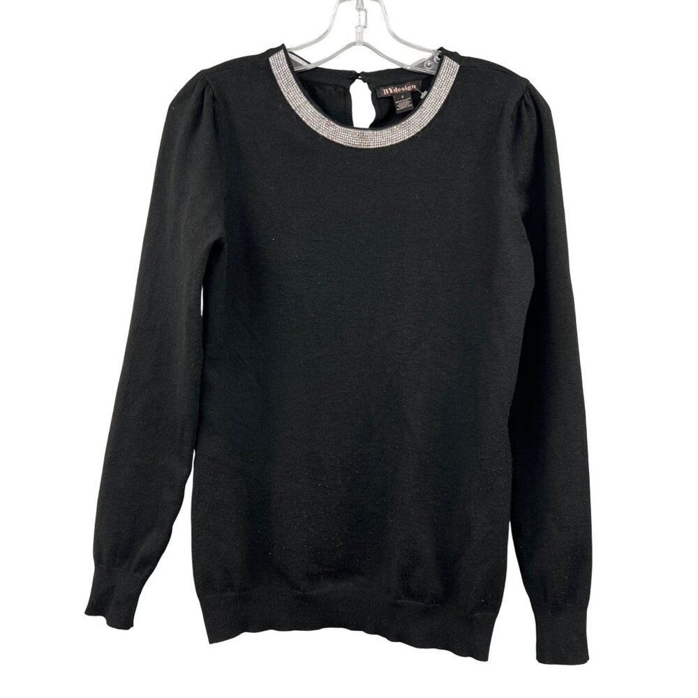 BYdesign Womens Lightweight Sweater Rhinestone Neck Black Size Small